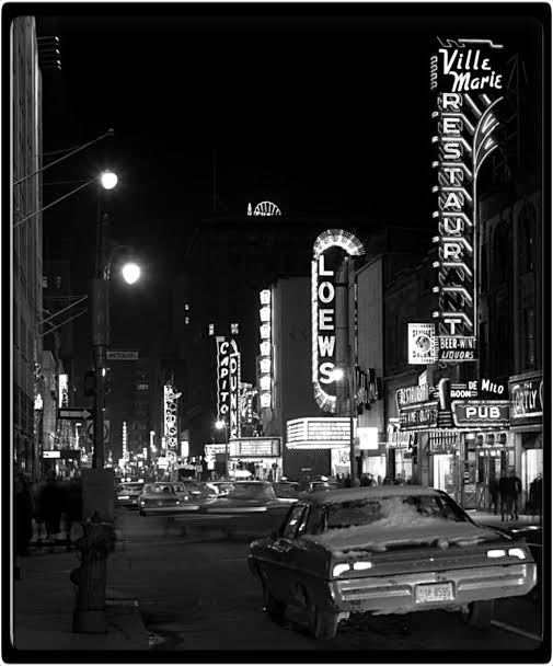 Ste-Catherine Street West, Montreal, 1960s. The Ville Marie Restaurant sign is visible on the right.